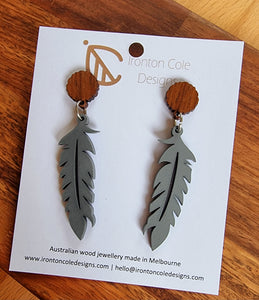Green wooden feather earrings