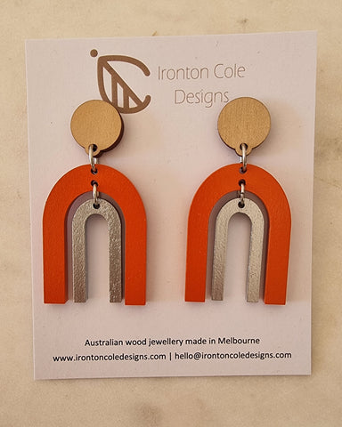 Orange and silver arch wooden earrings