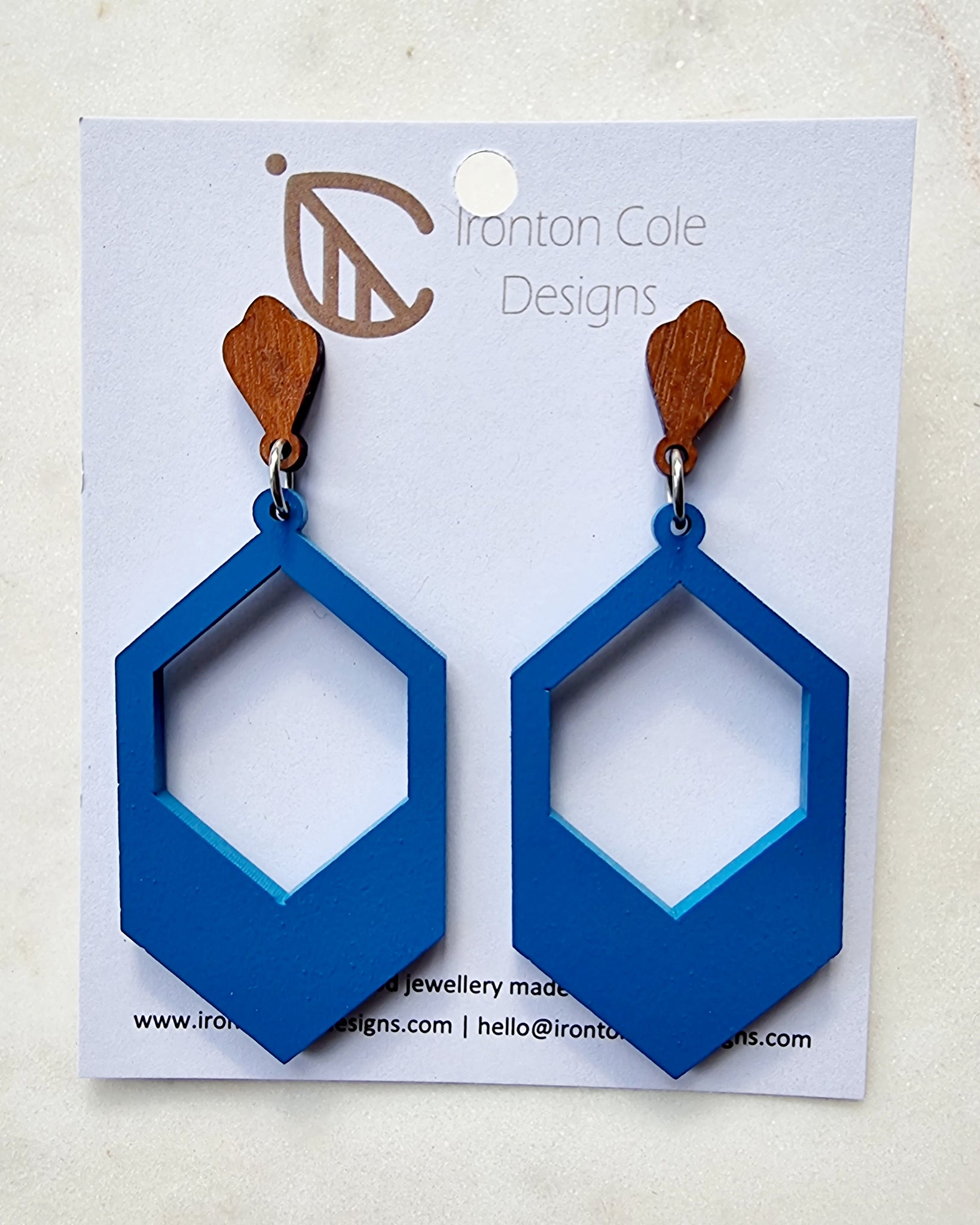Blue geo wooden earrings