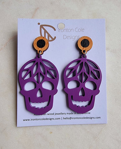 Purple skull wood earrings
