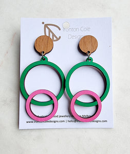 Green n pink circle earrings