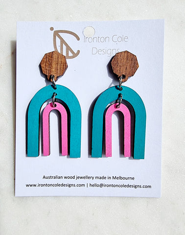 Blue and pink arch wooden earrings with a queensland walnut post