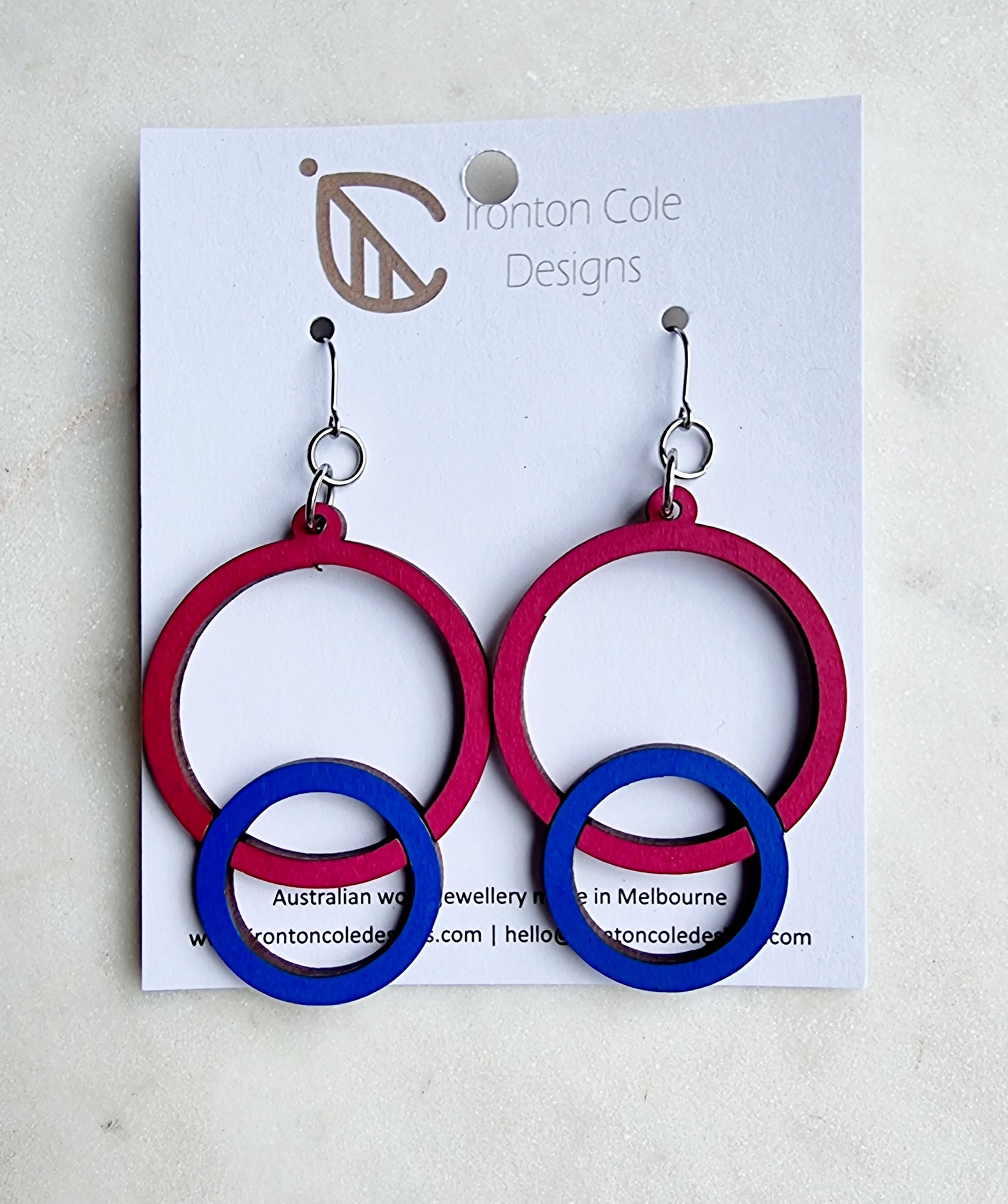 Red wine and blue circle earrings