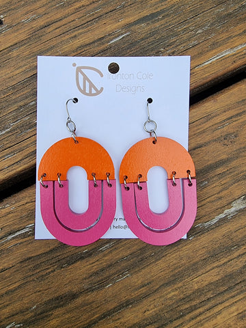 Orange and pink wooden earrings