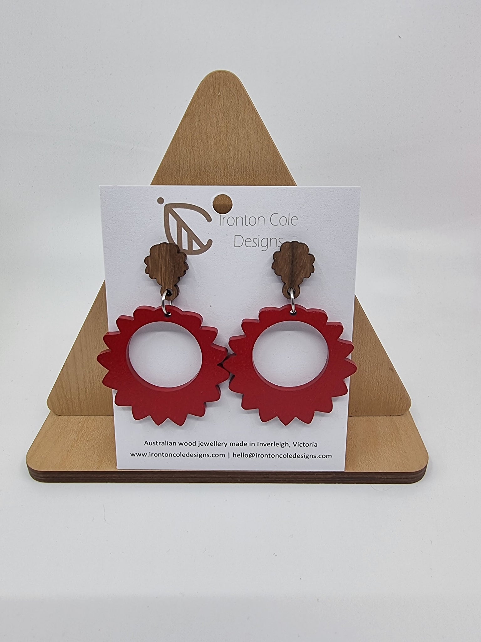 Wooden red sunburst earrings