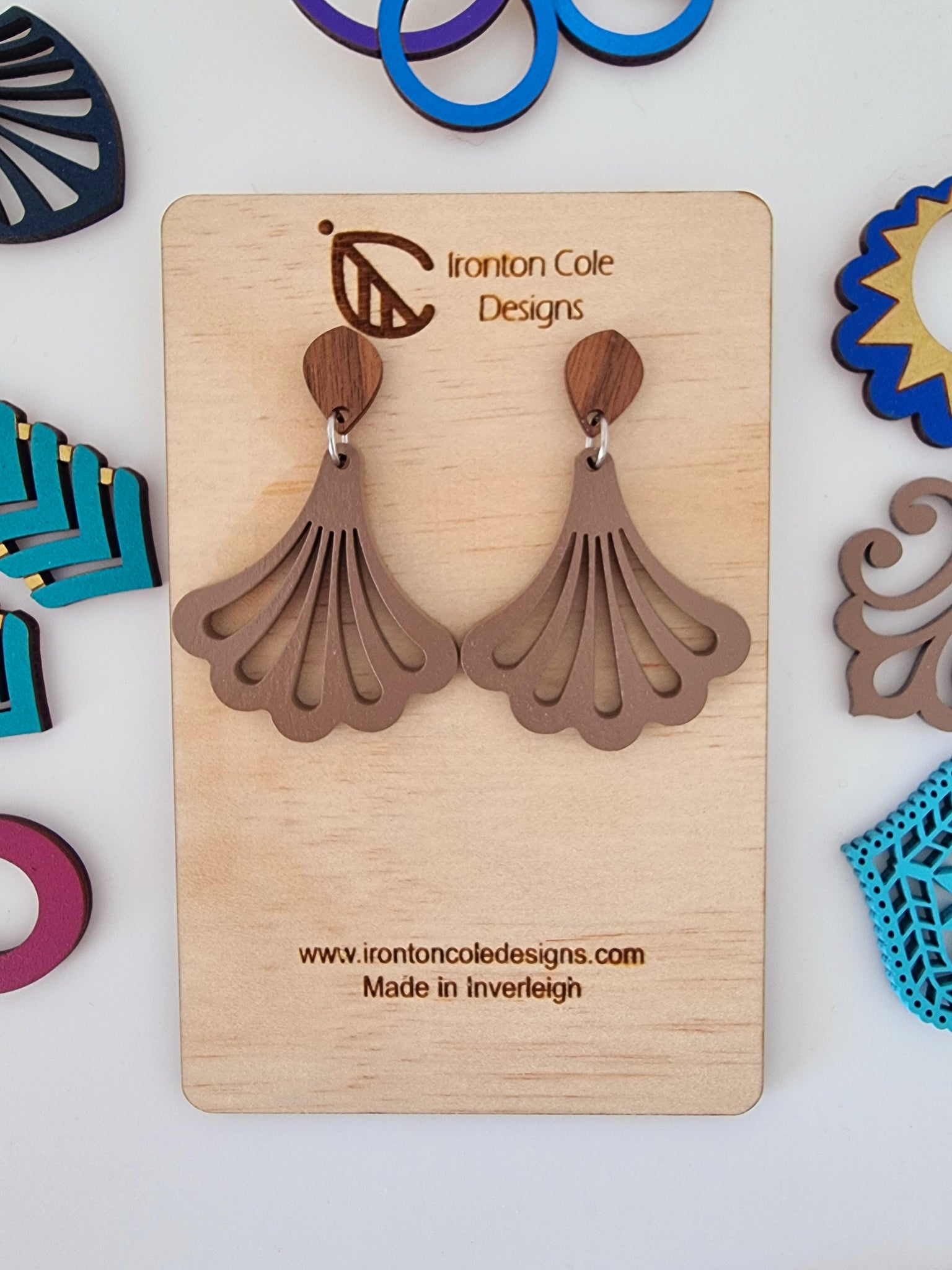 Wooden taupe coloured fan earrings 