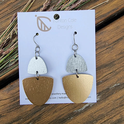Bucket shape wooden gold painted earrings and a silver painted arch top. Hypoallergenic silver hooks. 