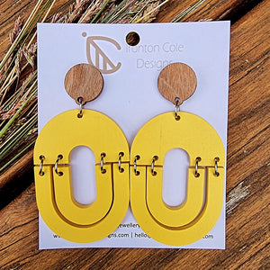 Yellow wooden oval double earrings