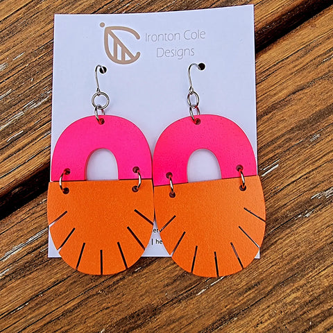 Hot pink and orange wood earrings