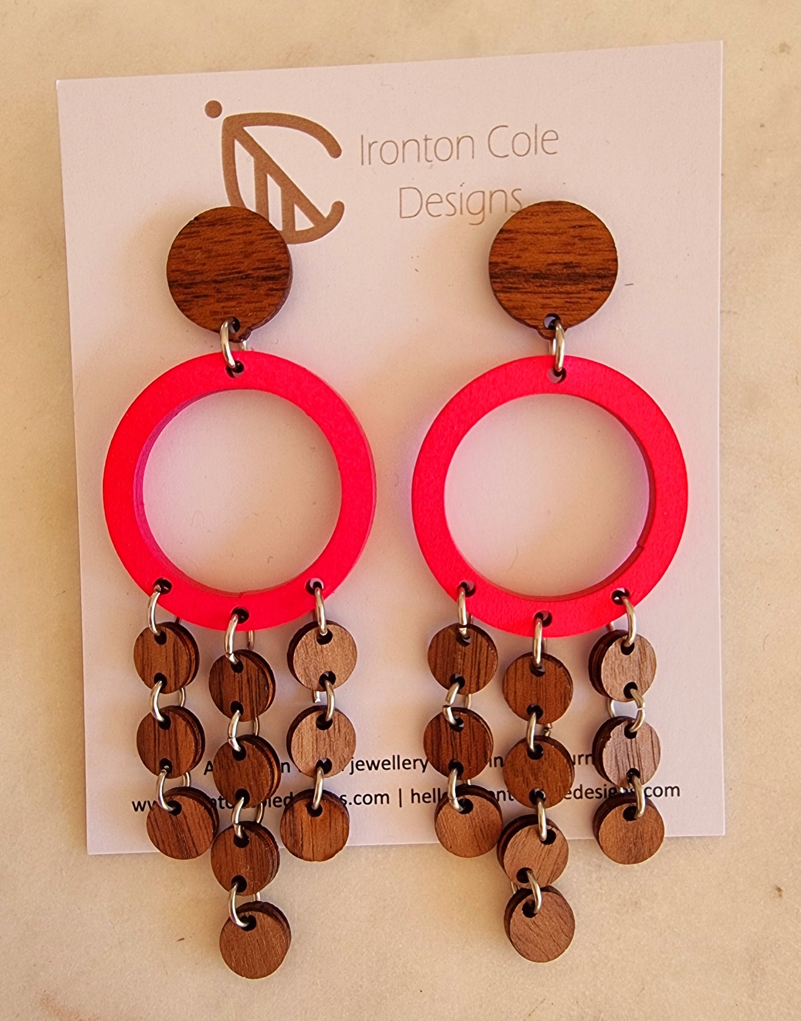 Pink wooden circle statement earrings