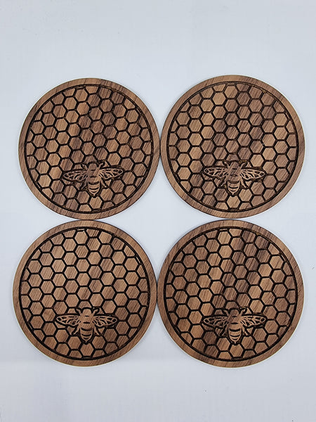 Bee and honeycomb wooden coasters