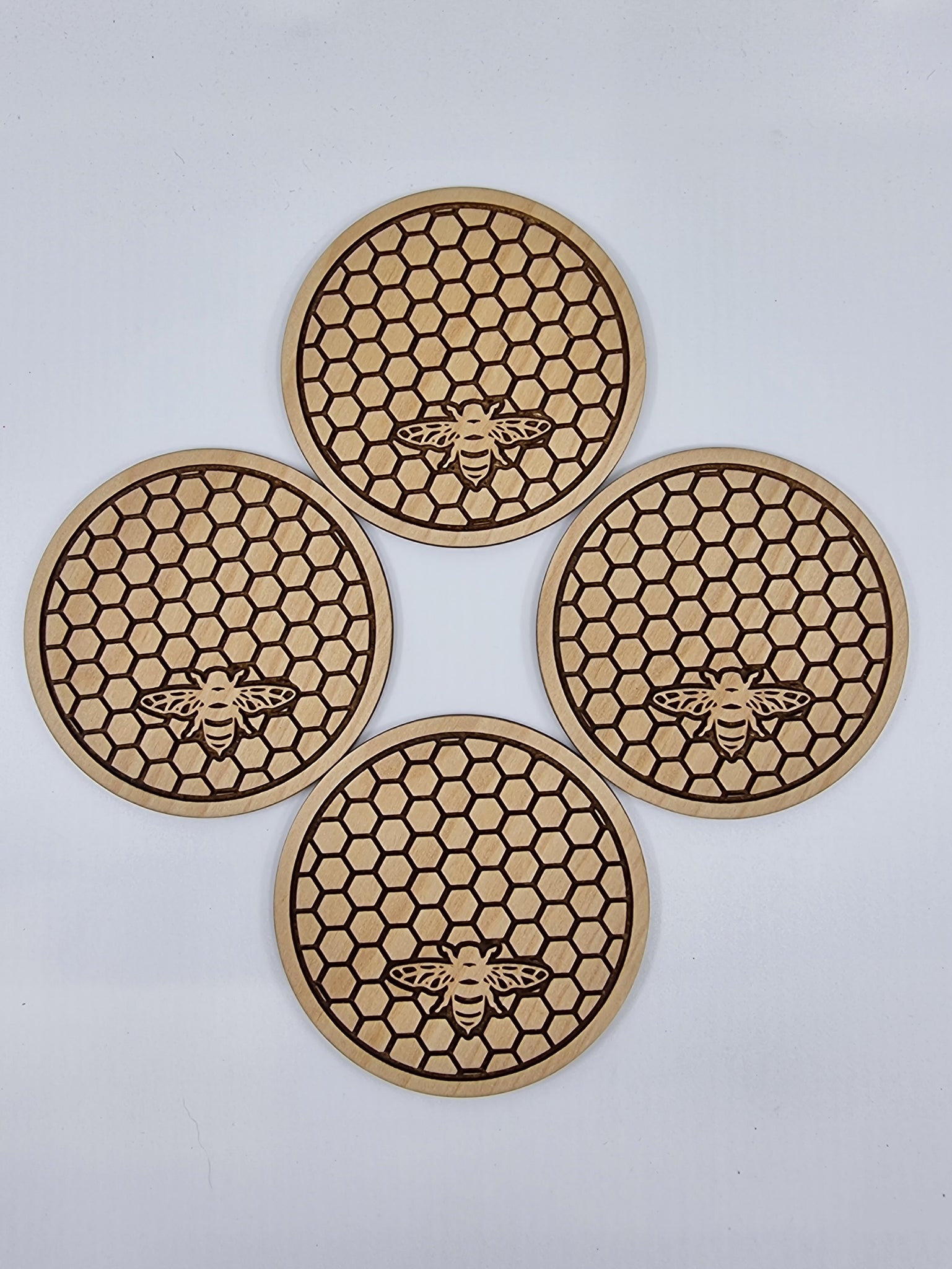 Bee and honeycomb wooden coasters