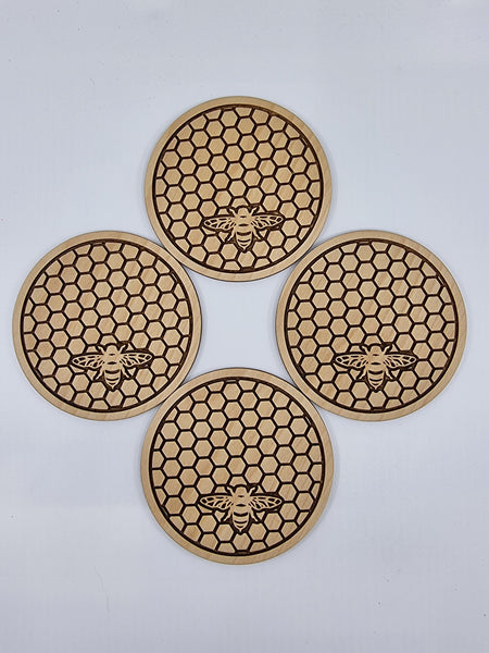 Bee and honeycomb wooden coasters