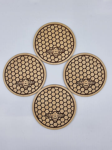 Bee and honeycomb wooden coasters