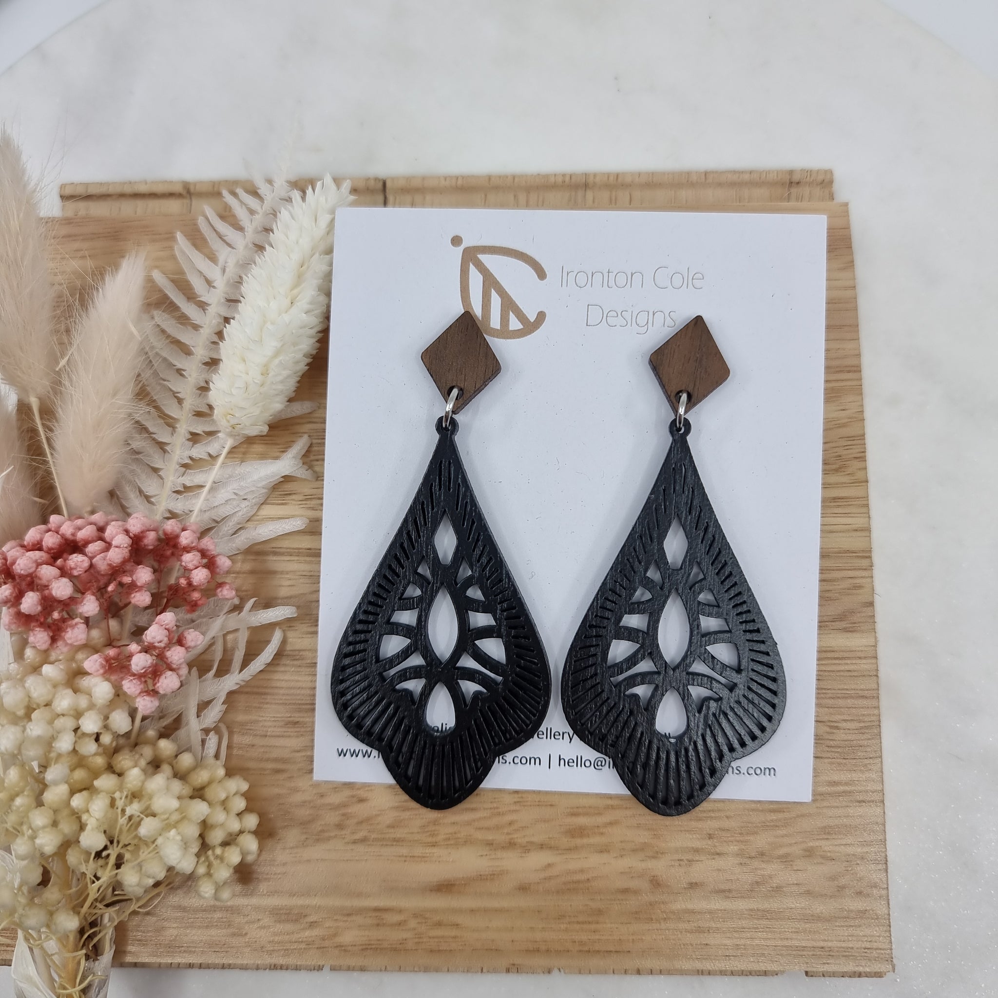Black wooden tear drop earrings