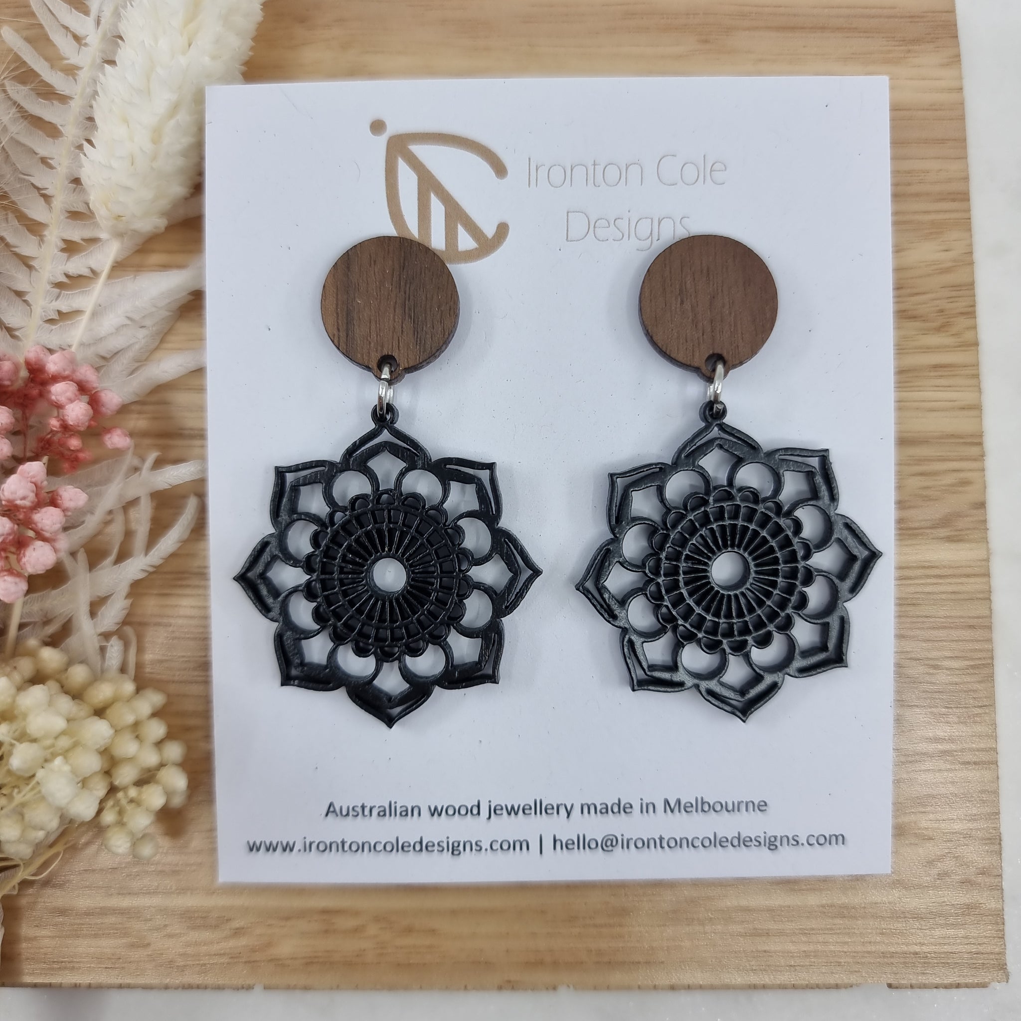 Wooden black mandela earrings