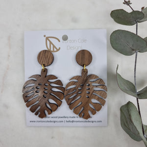 Natural wood monstera earrings