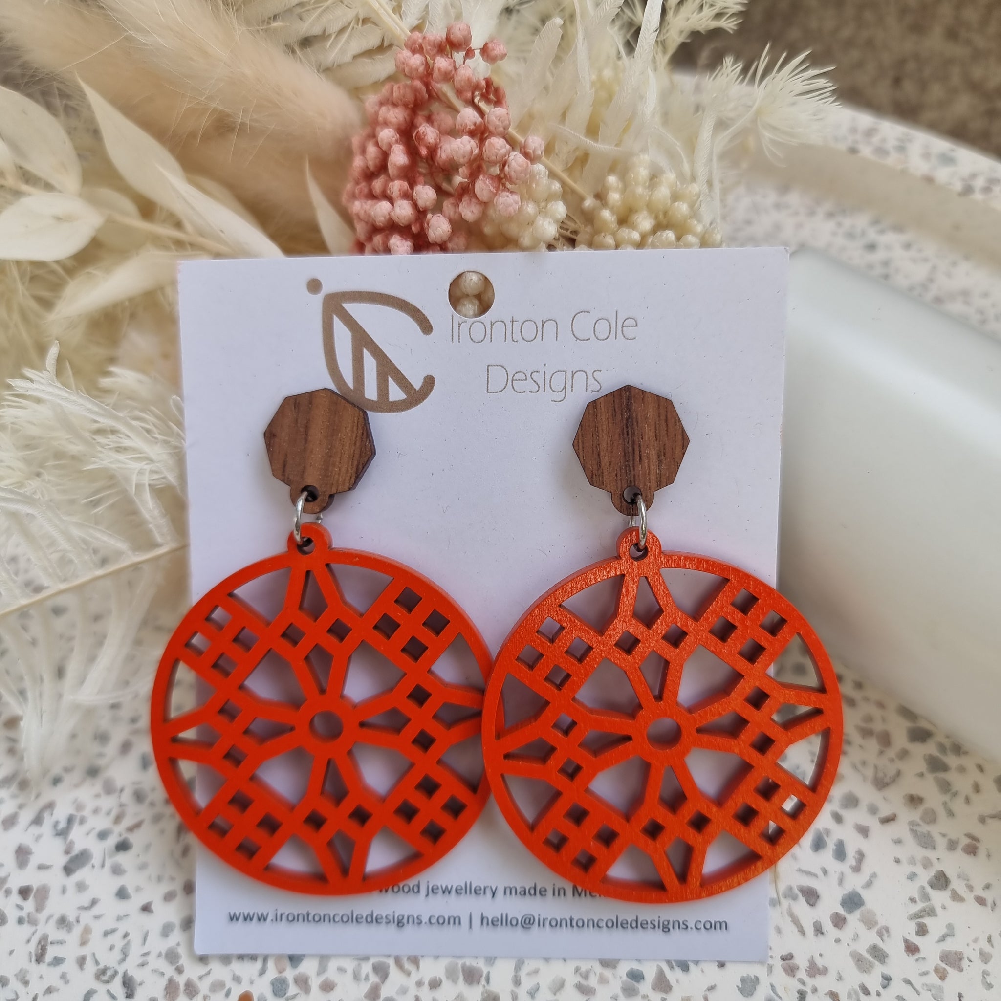 Wooden orange round earrings