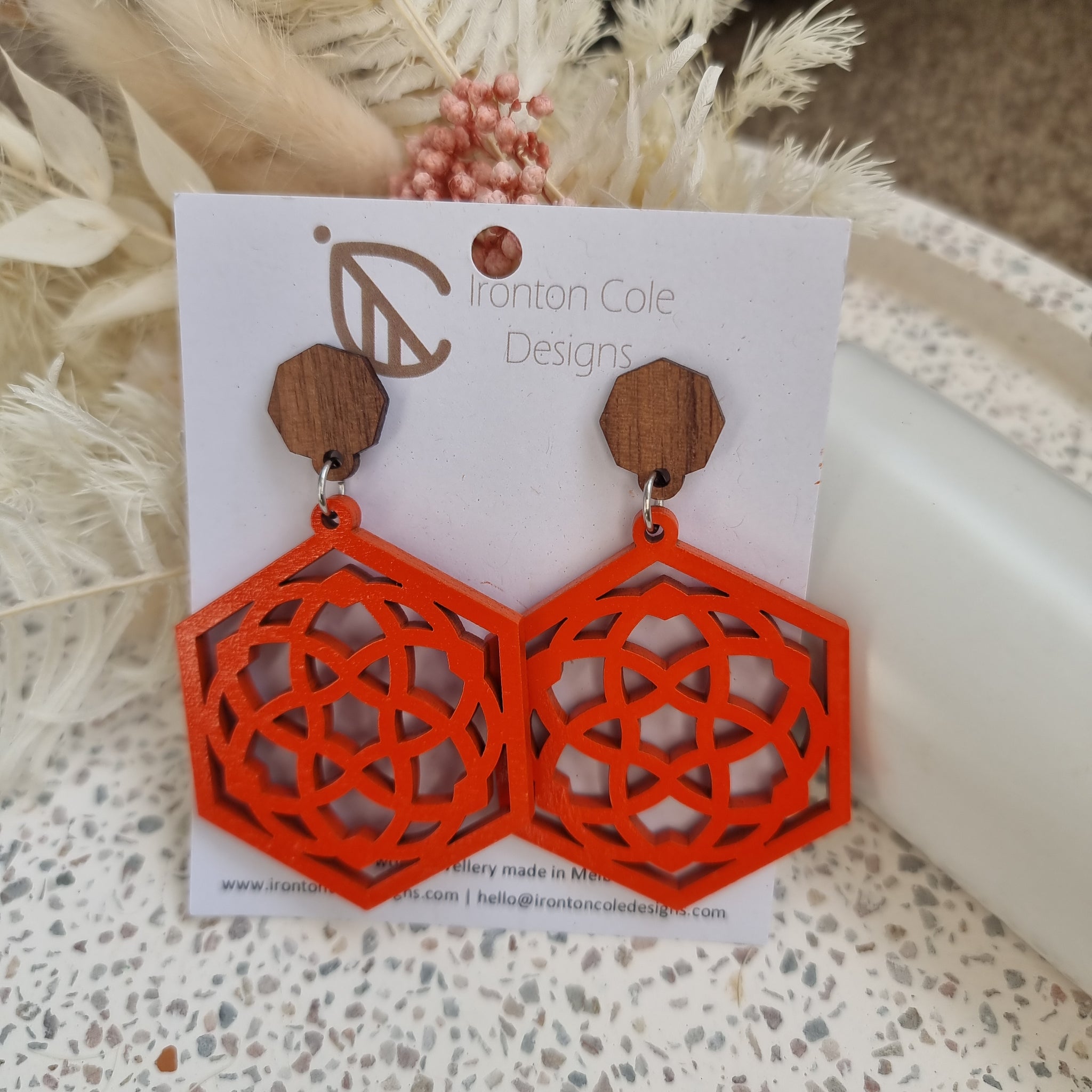 Orange wooden hexagon earrings