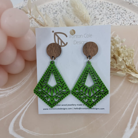 Boho wooden green earrings