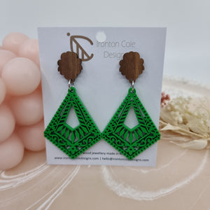 Green boho diamond wood earrings