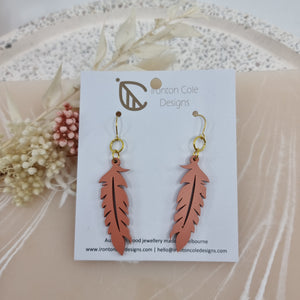 Wooden pink feather earrings