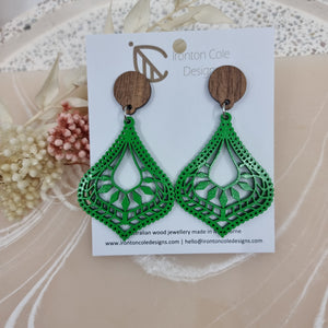 Green boho tear drop earrings