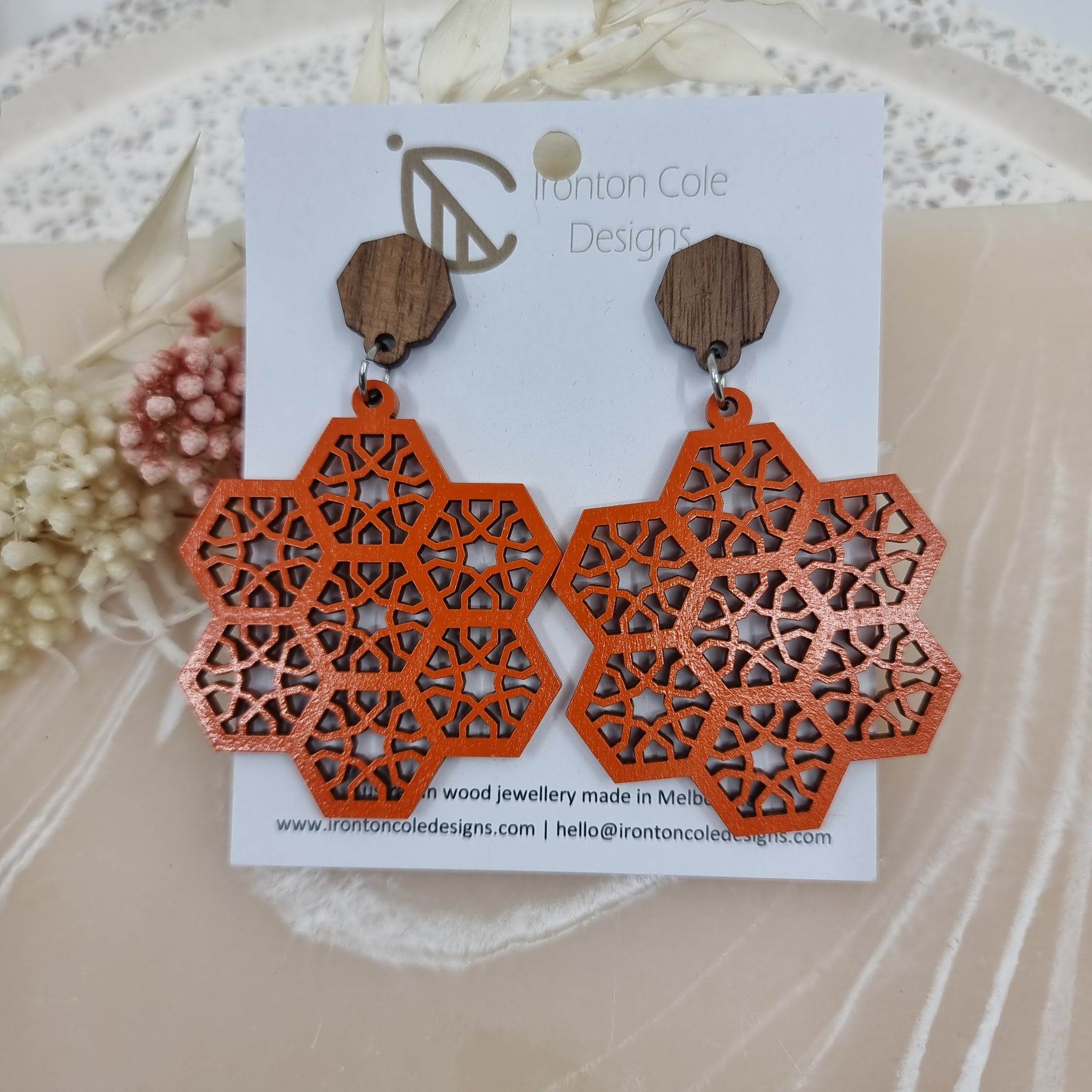 Orange wooden rattan geo earrings