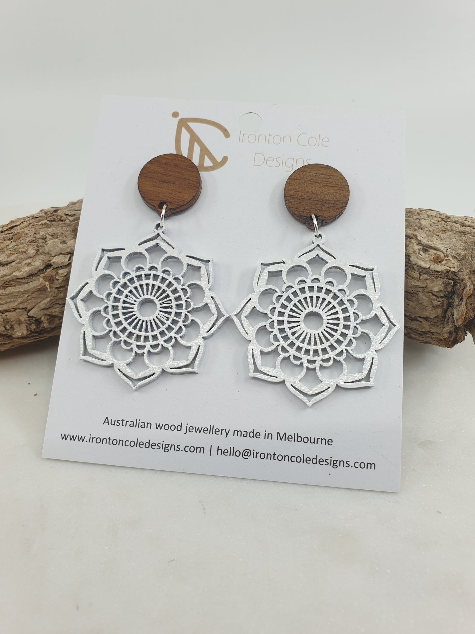 White mandela wood earrings