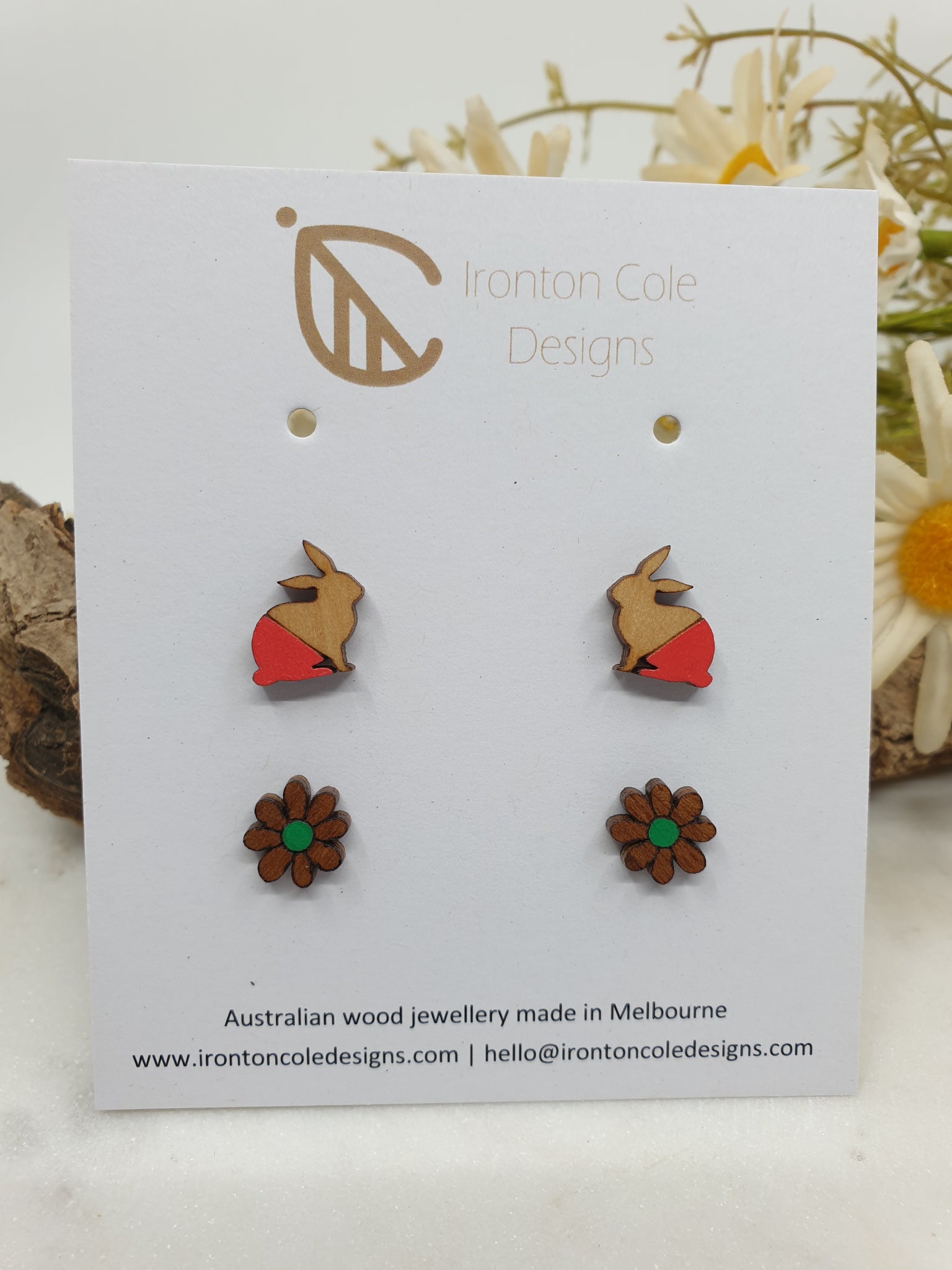 Bunny and daisy wooden studs