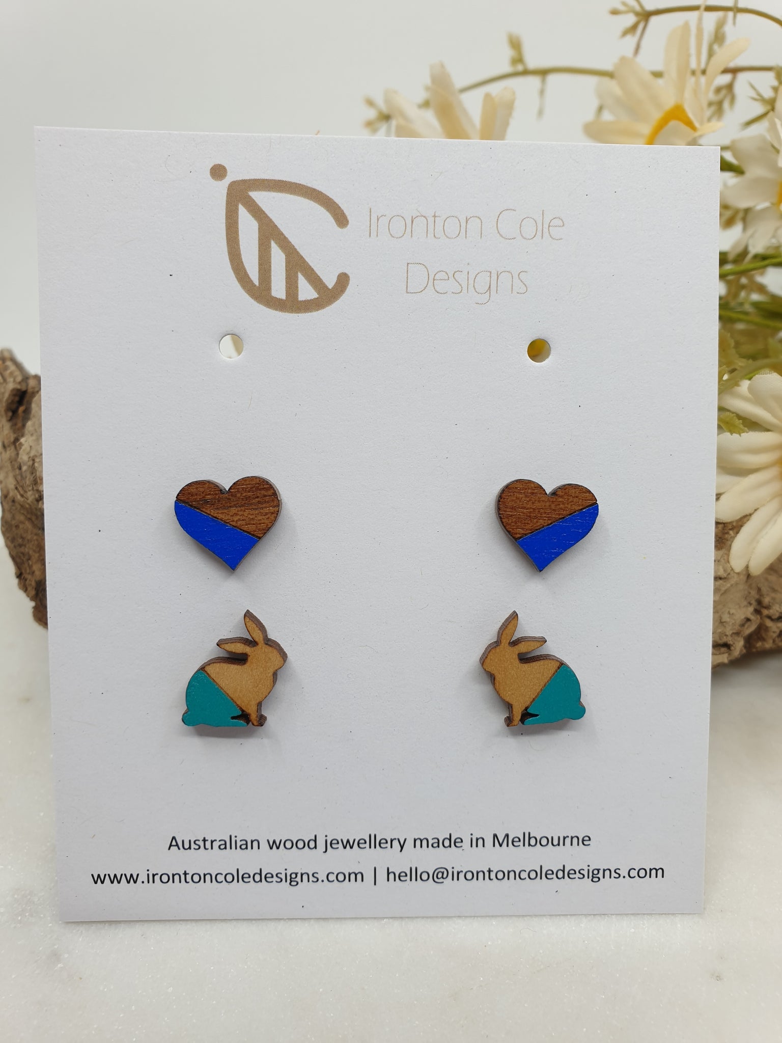 Bunny and heart wooden earrings
