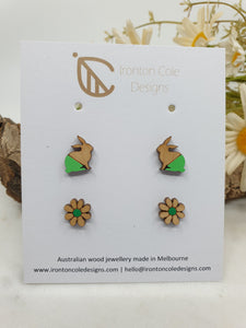Little bunny and daisy flower wooden studs