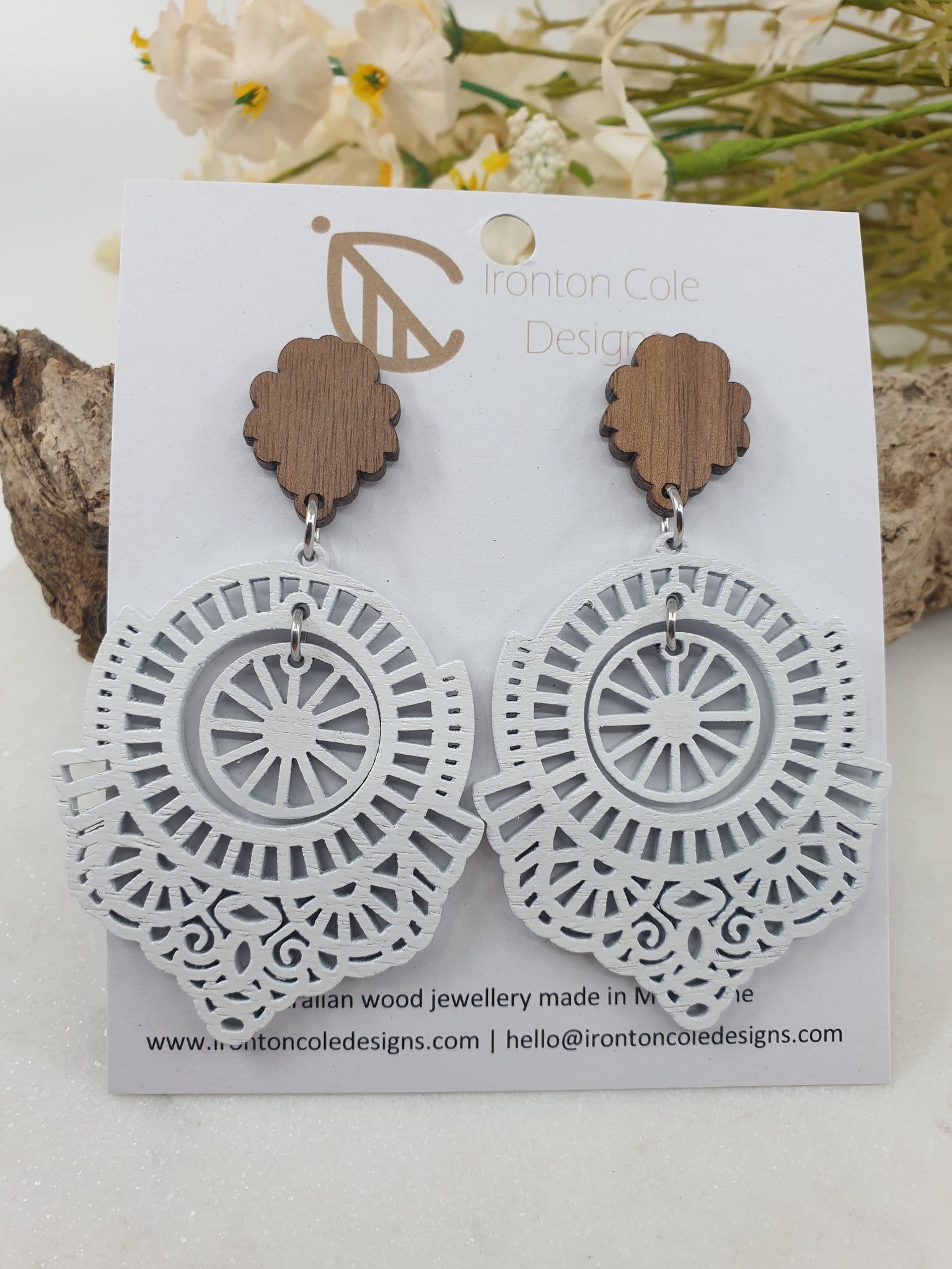 White boho wooden earrings made from queensland walnut.  Hypoallergenic posts. 