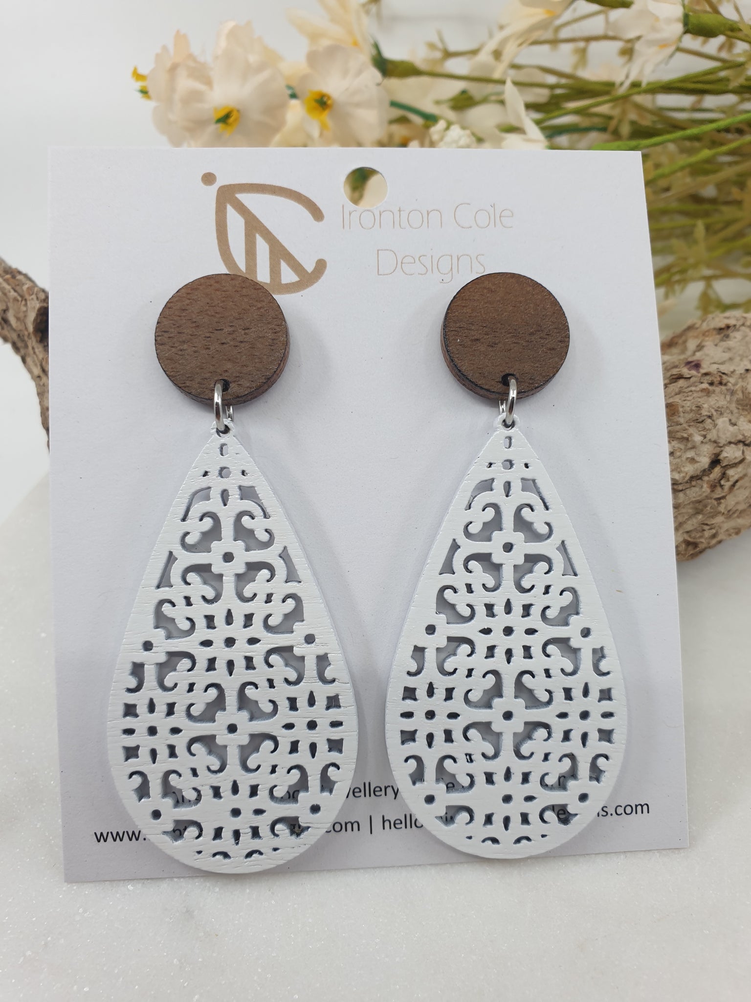 White boho wooden earrings