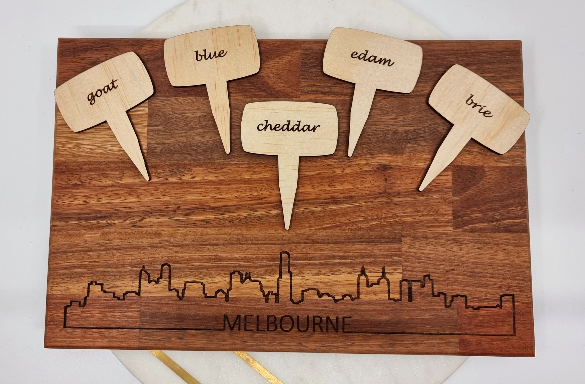 Wooden cheese board and cheese stake set