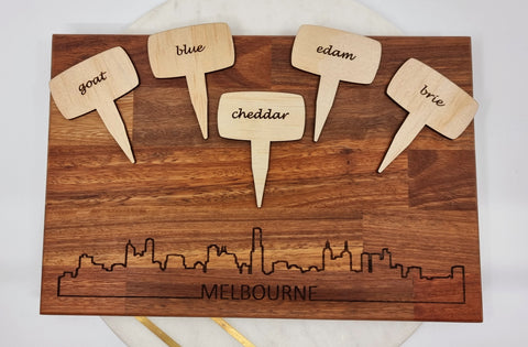 Wooden cheese board and cheese stake set
