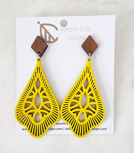Yellow tear drop wooden earrings