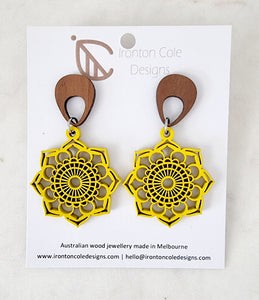 Yellow mandela wooden earrings