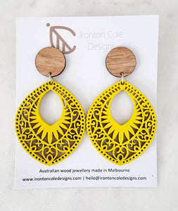 Yellow boho tear drop wooden earrings. Hypoallergenic post. Measures 5.5cm