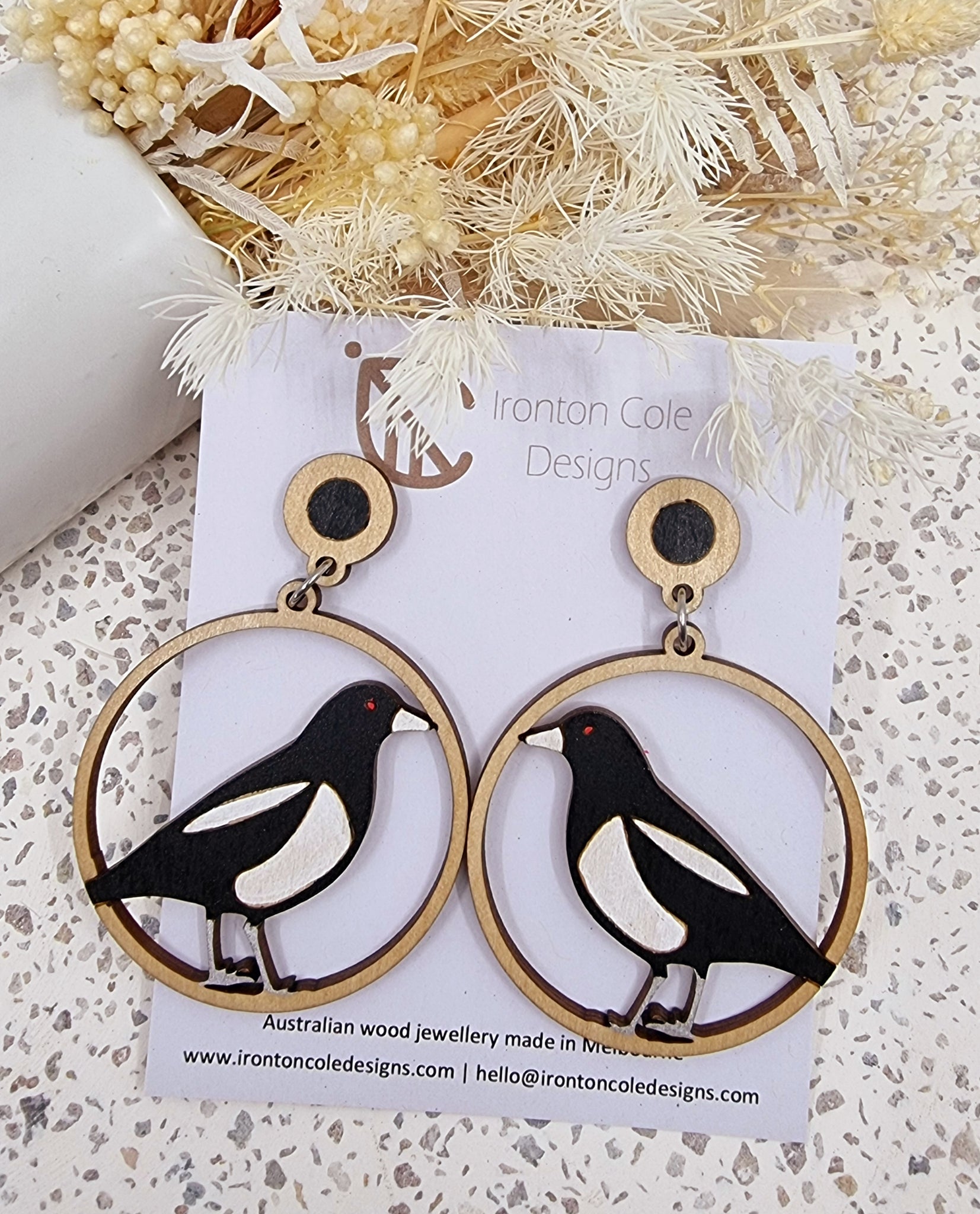 Magpie wooden earrings
