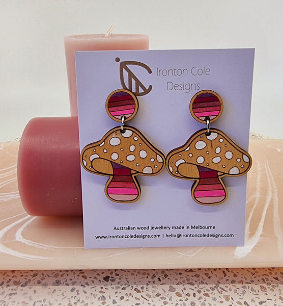 Pink mushroom wooden earrings