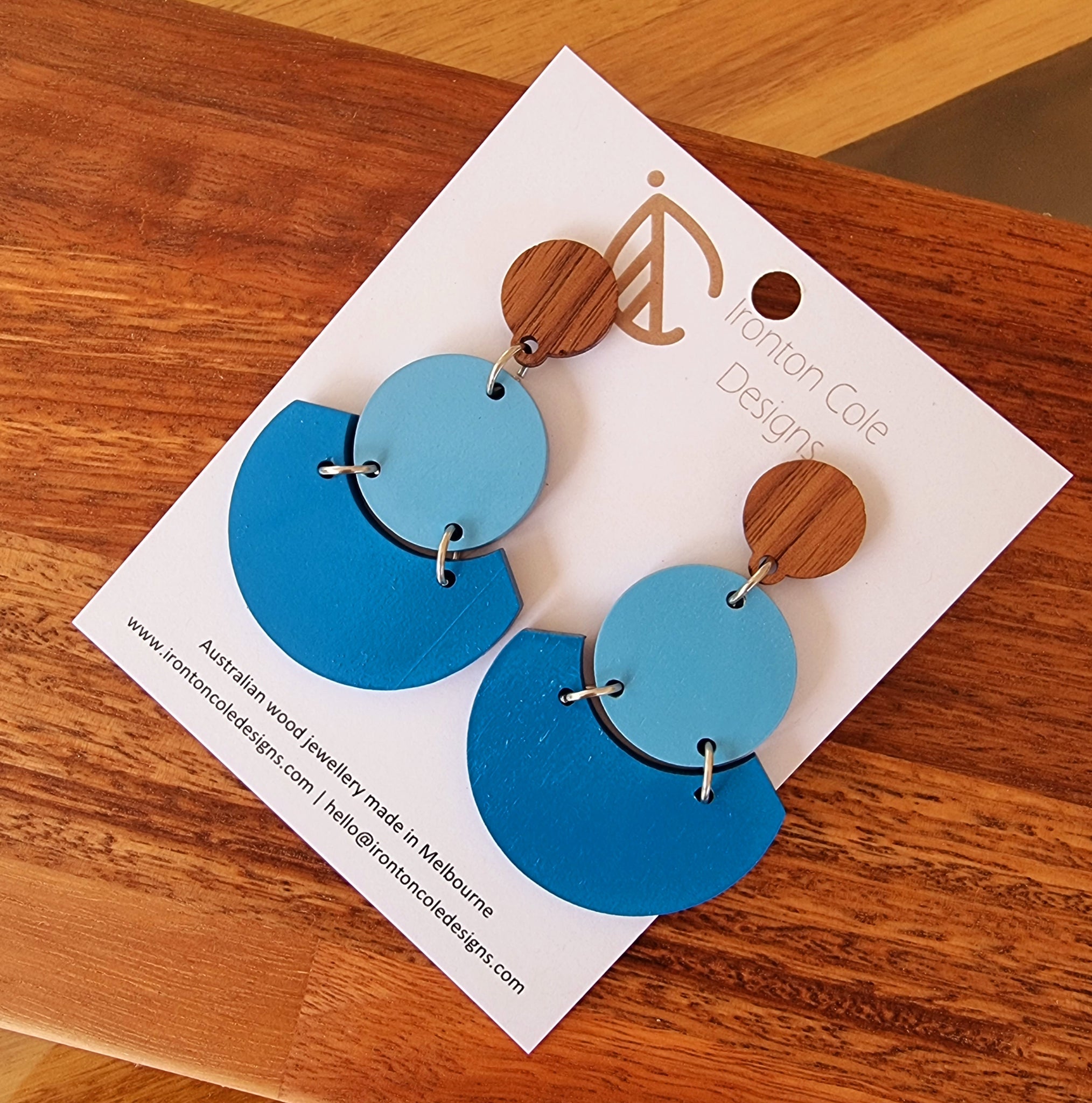 Wooden blue circle earrings
