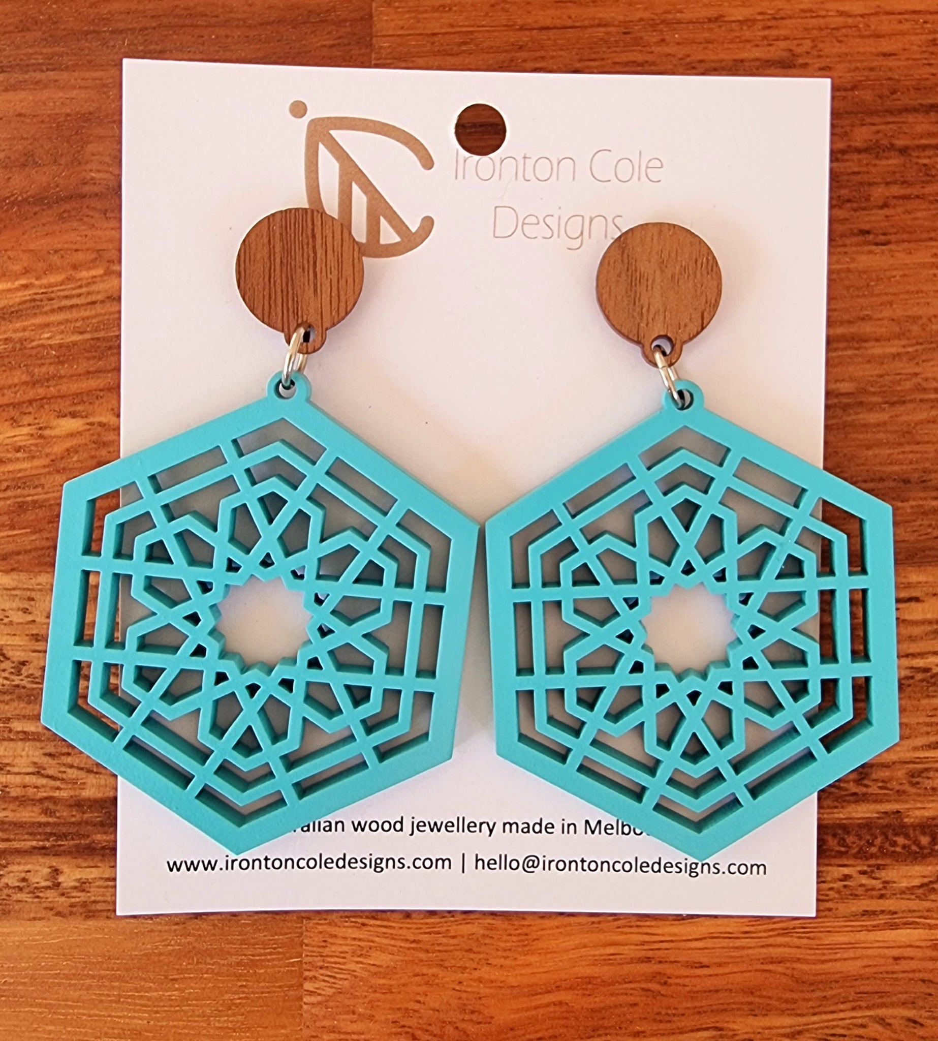 Wooden hexagon blue earrings