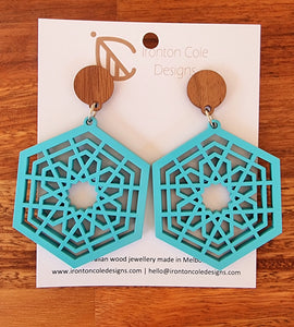 Wooden hexagon blue earrings