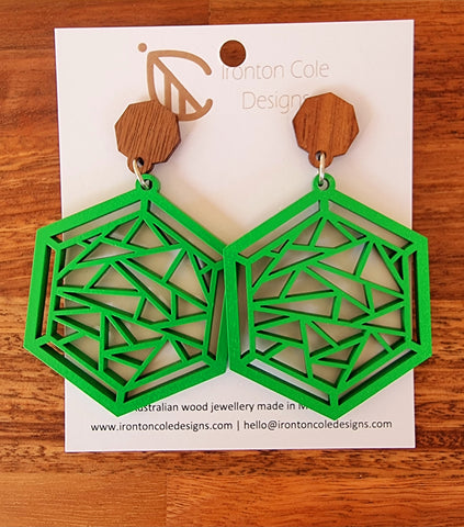Bright green painted wooden zentangle designed earrings