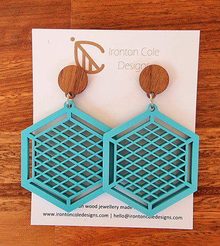 Hexagon wooden blue earrings