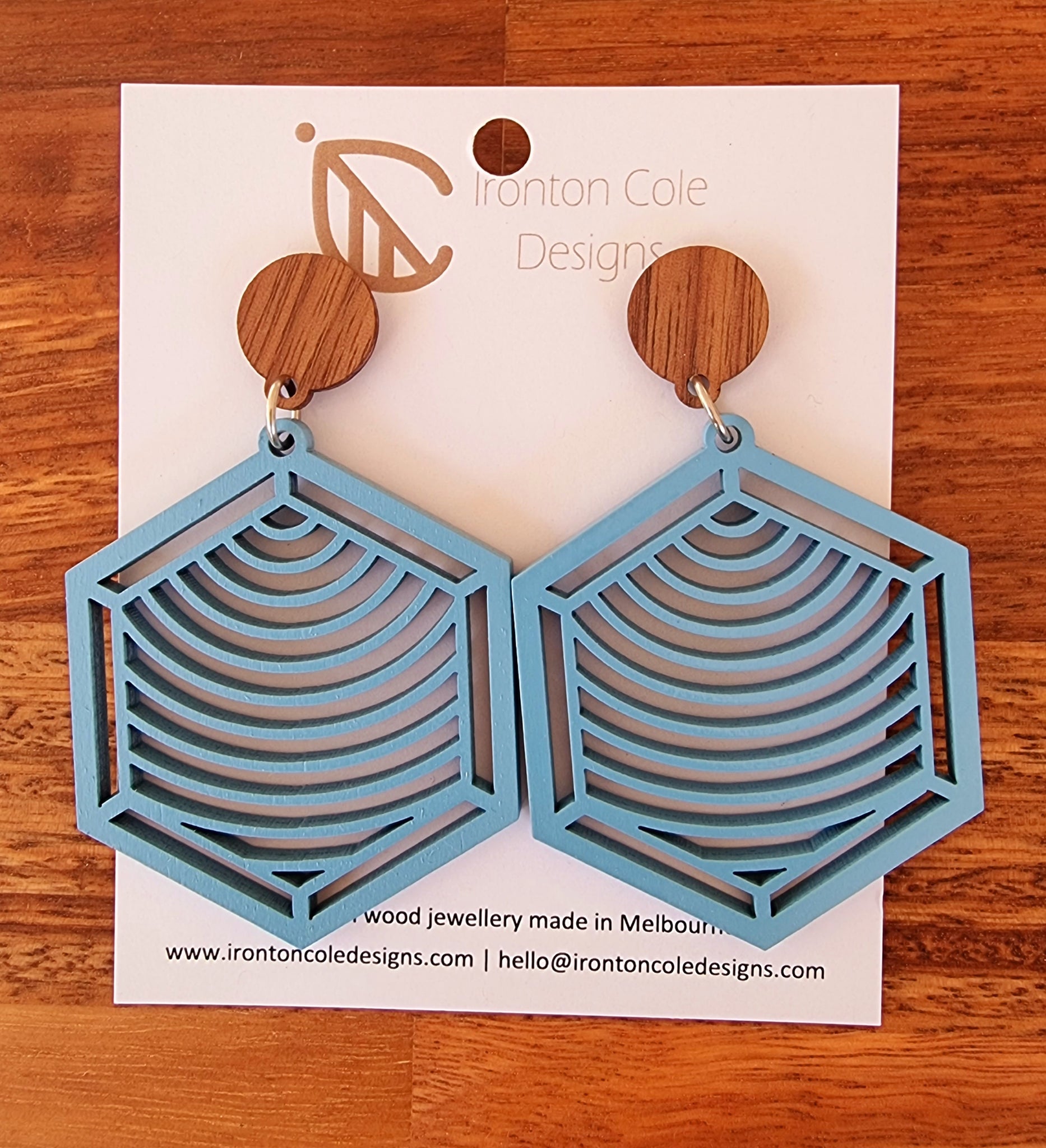 Wooden hexagon blue earrings