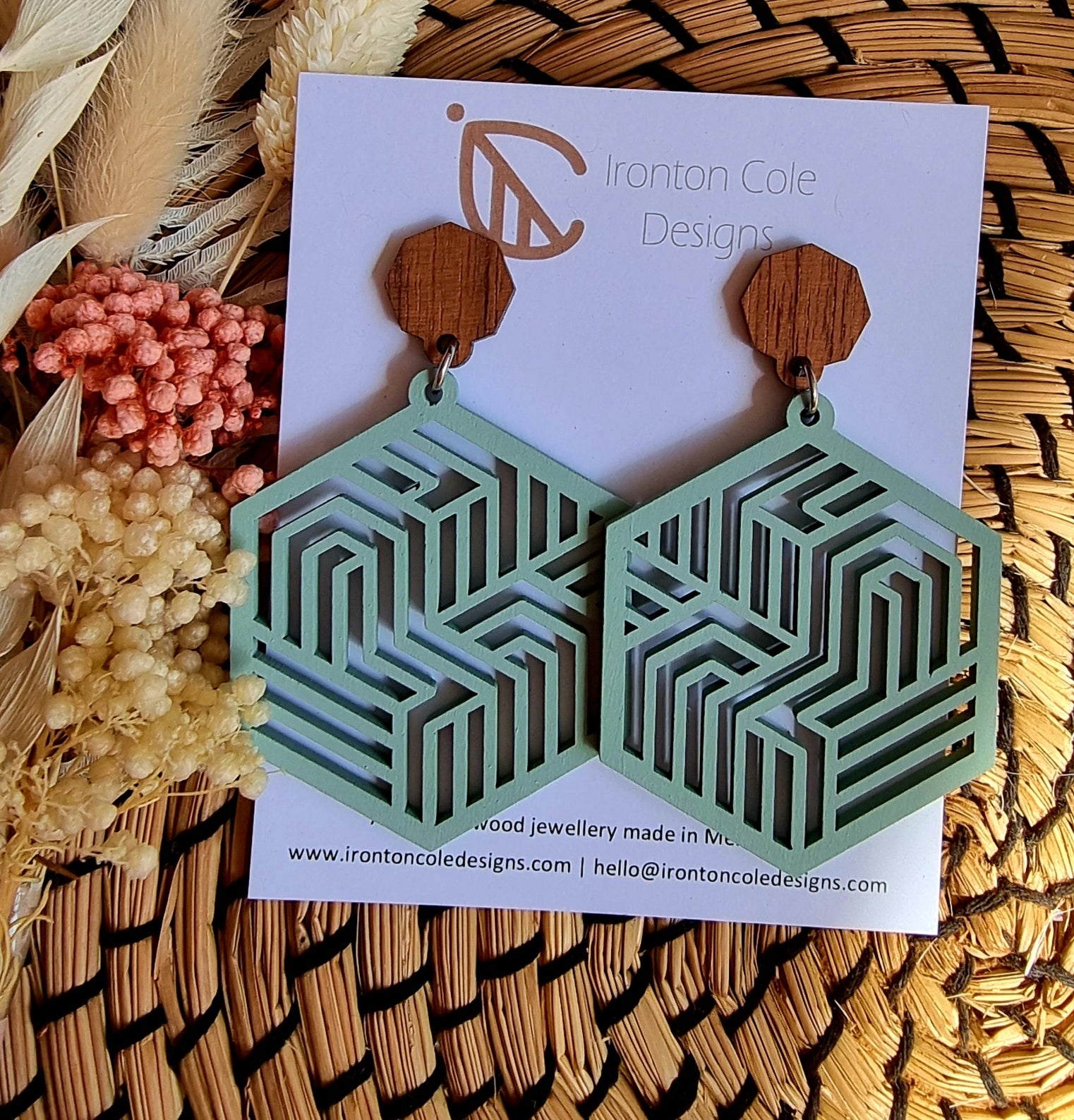 Eucalyptus wooden hexagon earrings