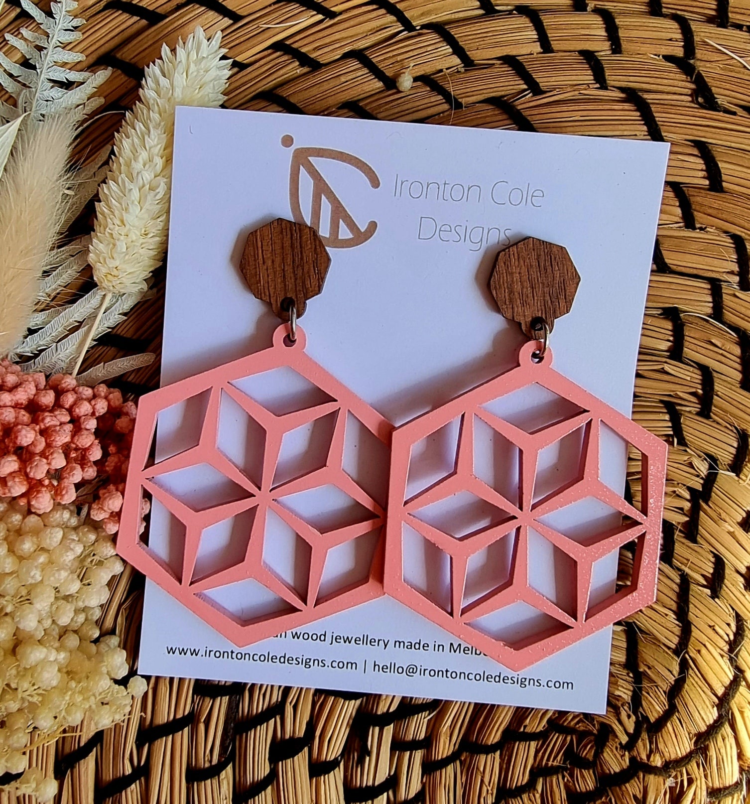 Baby pink hexagon wooden earrings