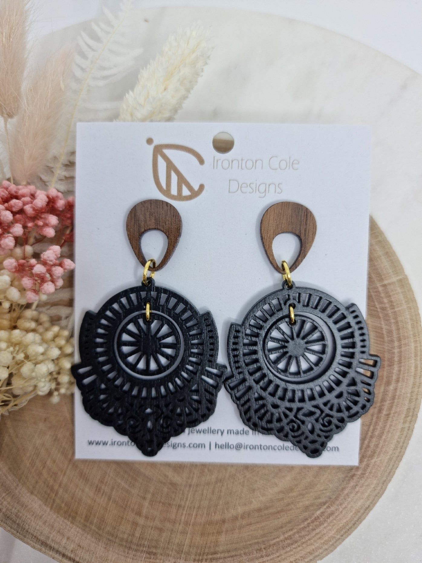 Black boho round wooden earrings